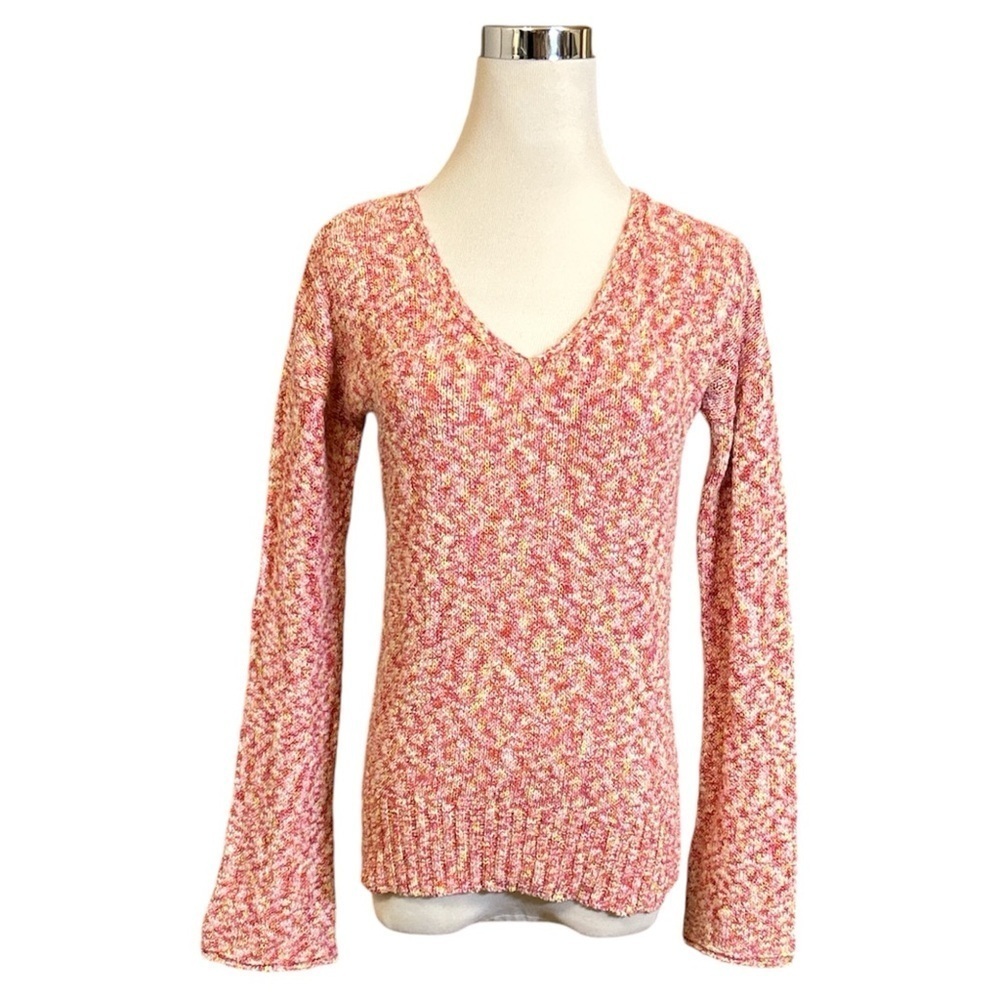 Magaschoni V-Neck Sweater Size Large Pink Yellow Blend Mottled Knit Wide Sleeve